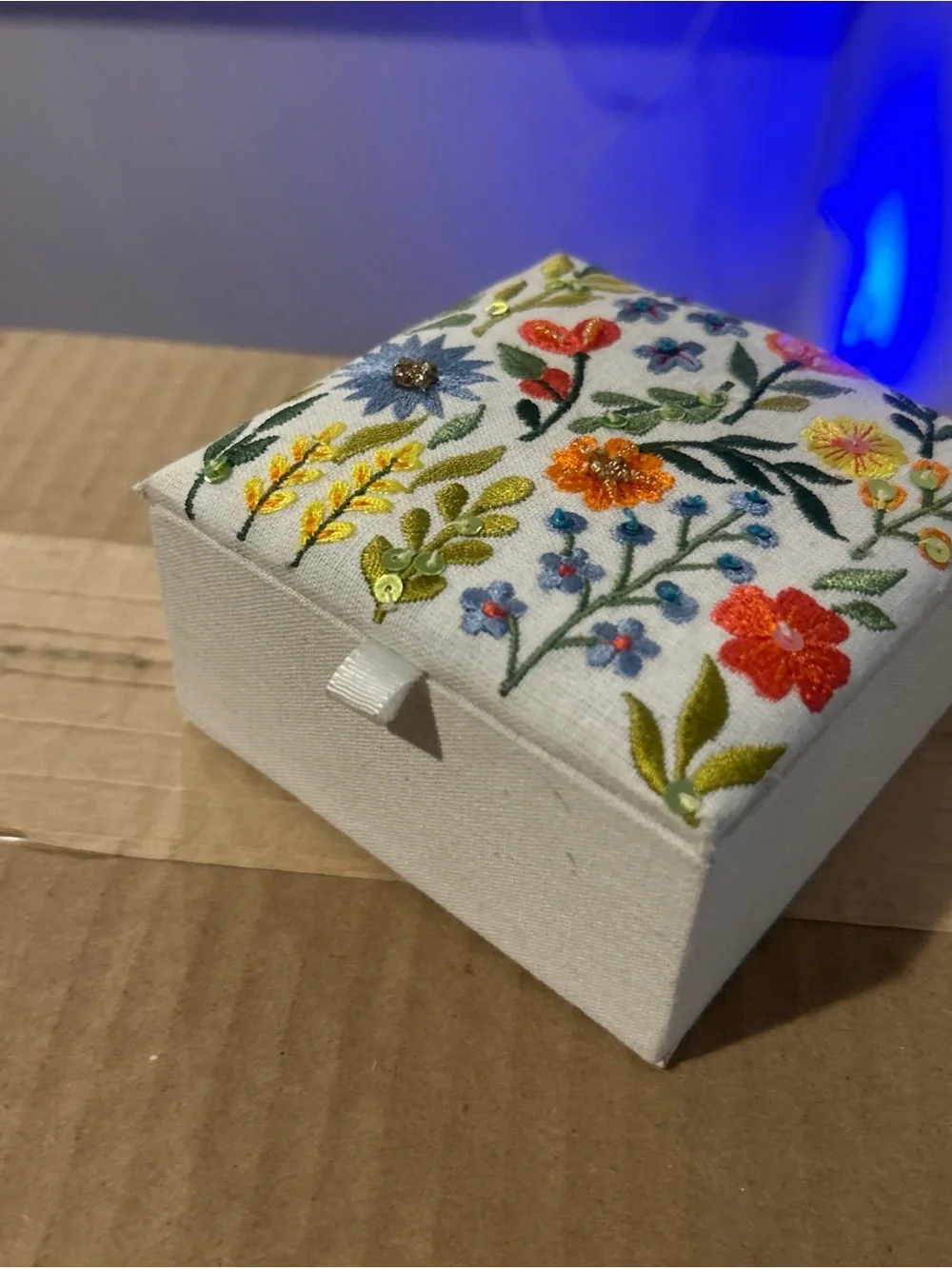 Hand Embroidered Floral Jewelry Box - canvas w/rhinestones